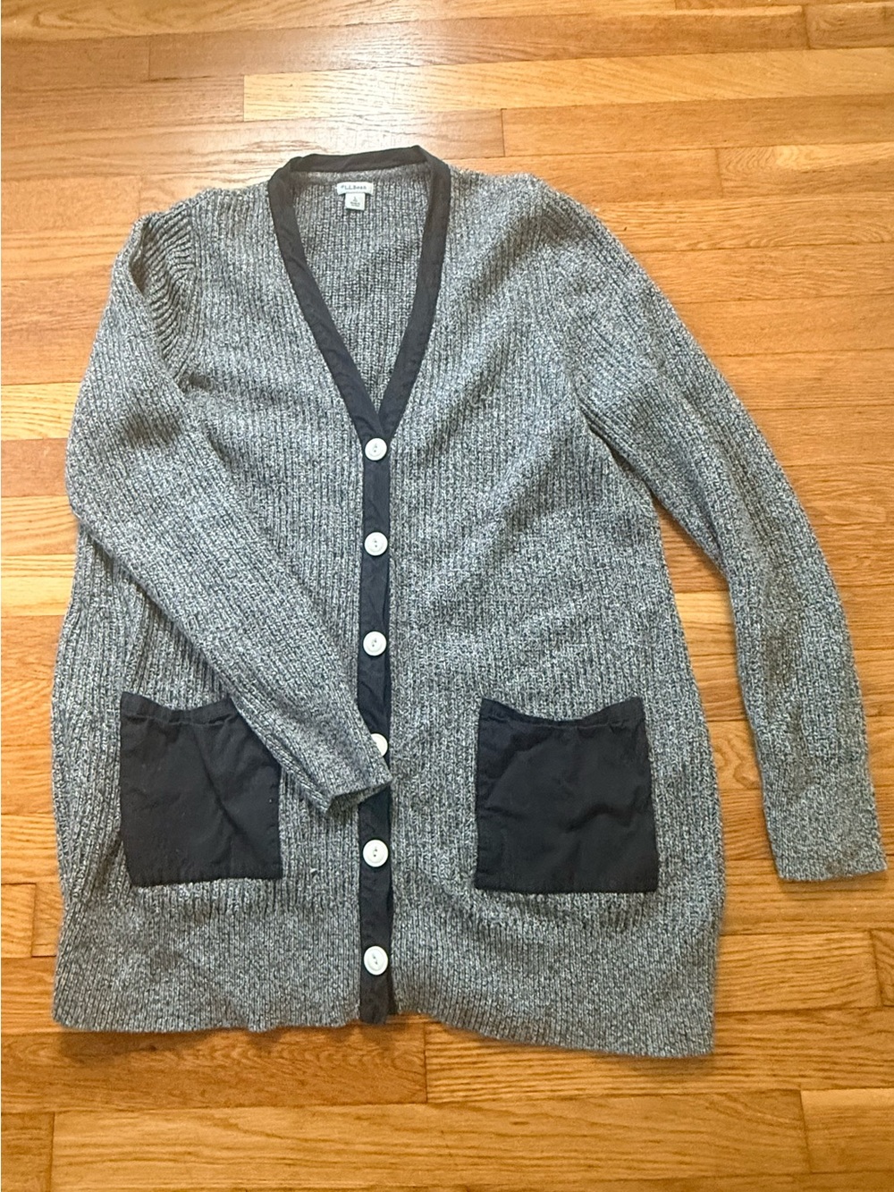 L.L. Bean Gray Ribbed Cardigan with Black Trim and Pockets